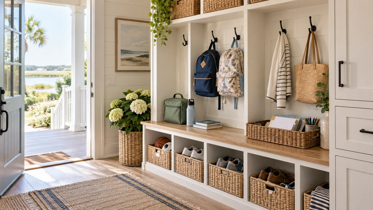 Organized back to school drop zone with labeled baskets, backpack hooks and shoe storage in a coastal Baldwin County home