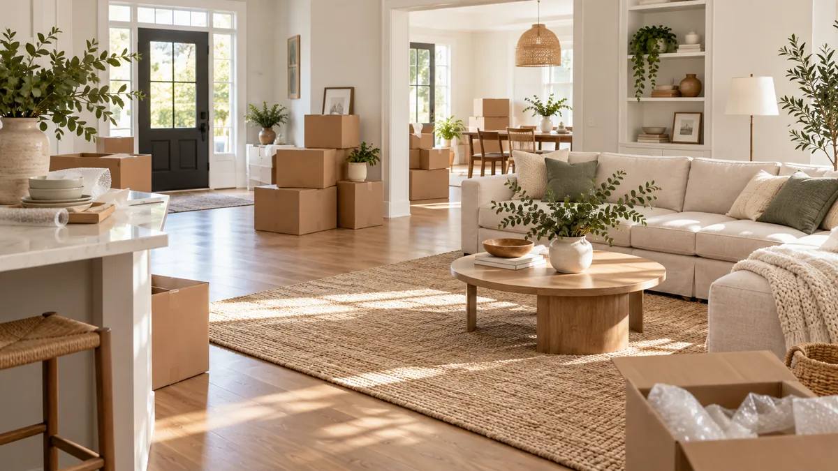 Moving boxes being unpacked in a bright living room during a full service move in Baldwin County, Alabama